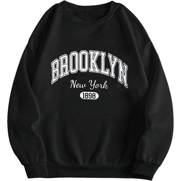 ⚡Women Black Brooklyn Imported Graphic Crewneck Long Sleeve Pullover Sweatshirt - Picture 1 of 5